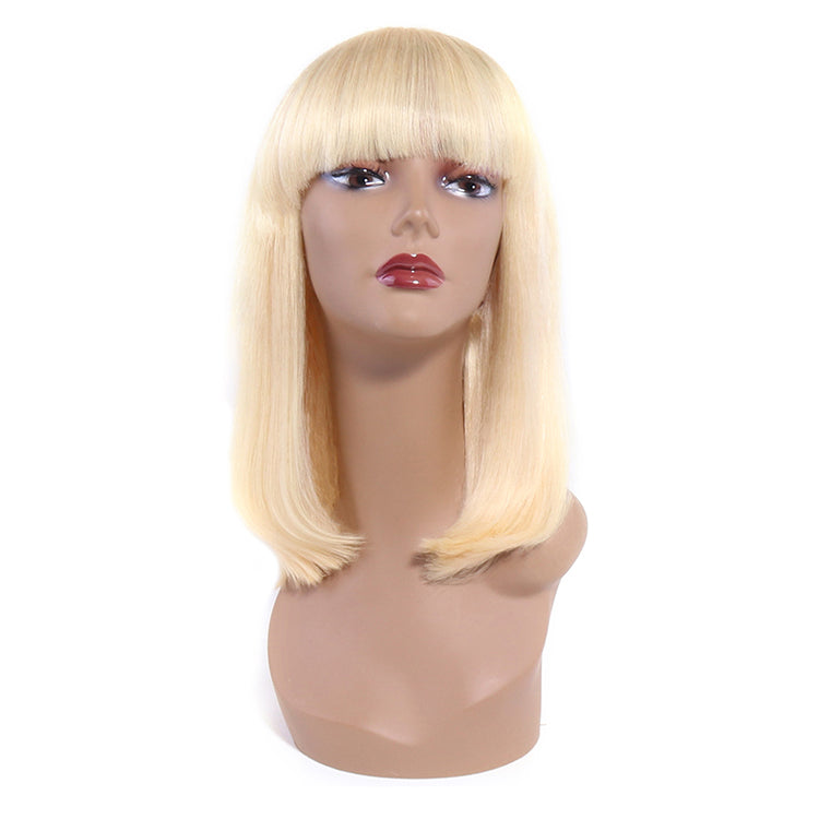 613 Blonde Short Straight Bob Wig With Bangs 100% Human Hair Full Machine Made Glueless Wig