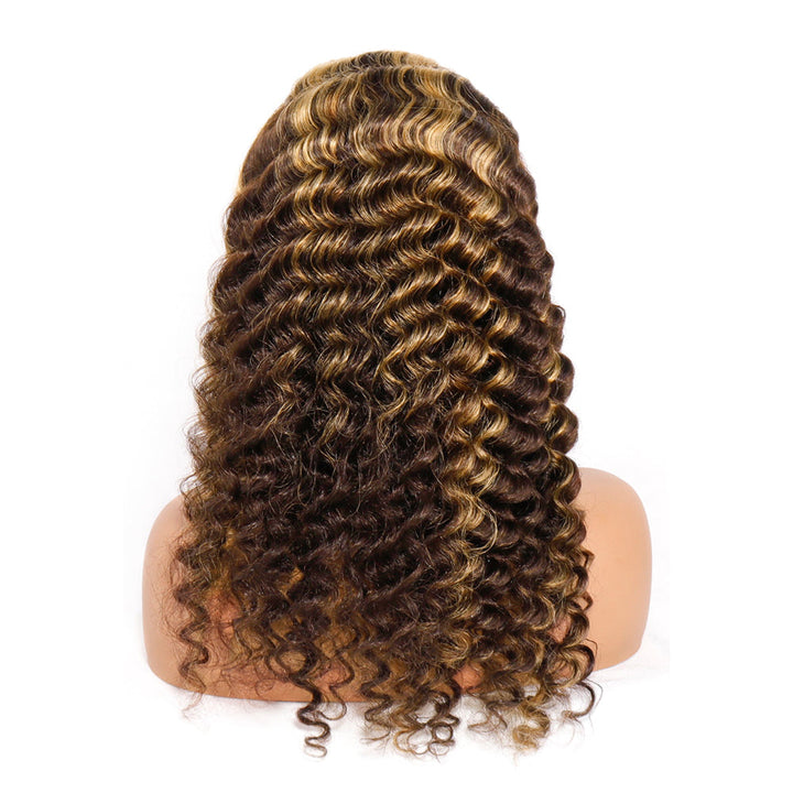 Deep Wave Lace Front Wigs Honey Blonde Highlight P4/27 Human Hair 13x4 Lace 180% Density Ombre Deep Curly Wigs