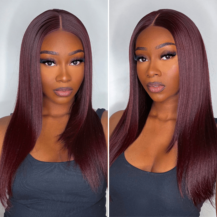 Graceful 99J Burgundy Straight Layer Glueless 5x5 Closure Lace Mid Part Long Wig 100% DELLEDBYSARAH