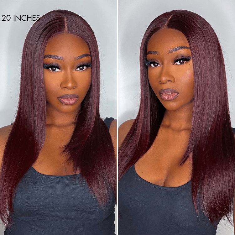 Graceful 99J Burgundy Straight Layer Glueless 5x5 Closure Lace Mid Part Long Wig 100% DELLEDBYSARAH