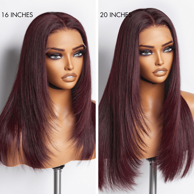 Graceful 99J Burgundy Straight Layer Glueless 5x5 Closure Lace Mid Part Long Wig 100% DELLEDBYSARAH