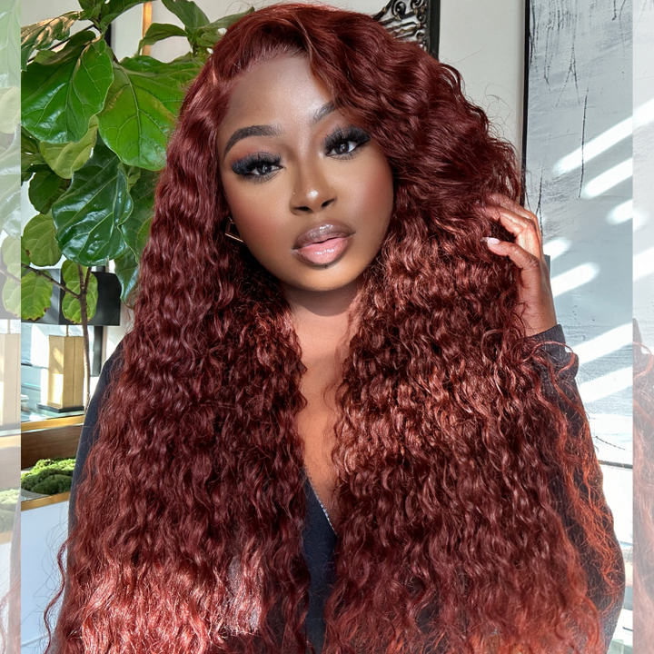 Dark Reddish Brown Fluffy Deep curly Wave Glueless 5x5 Closure Lace Wig