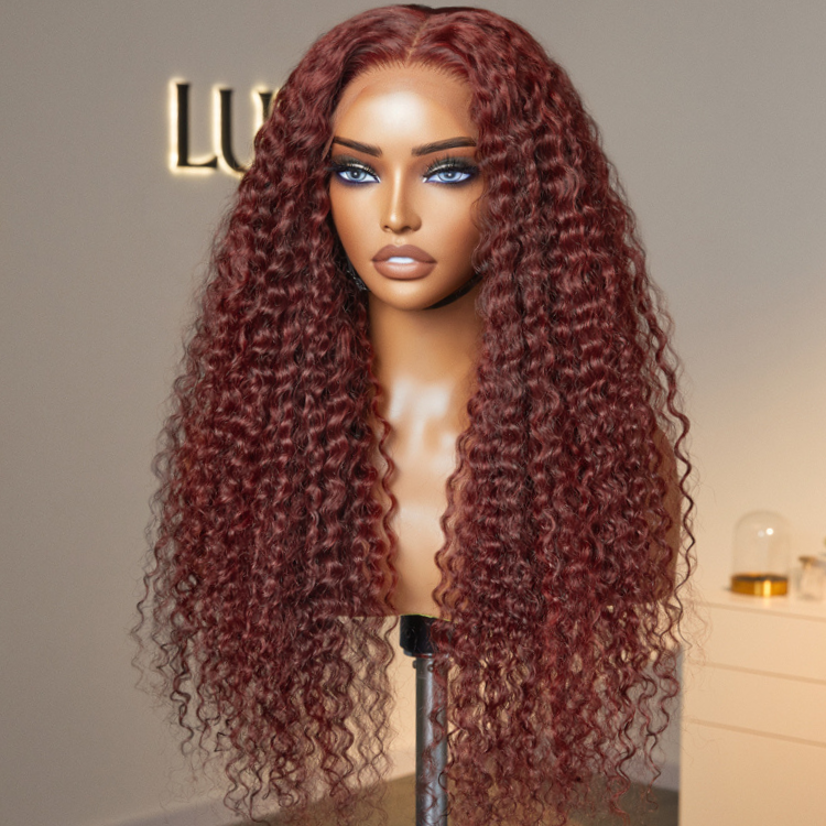 Dark Reddish Brown Fluffy Deep curly Wave Glueless 5x5 Closure Lace Wig