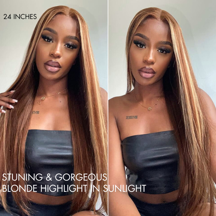 Honey Blonde Highlight Silky Straight Glueless 5x5 Closure HD Lace Long Wig