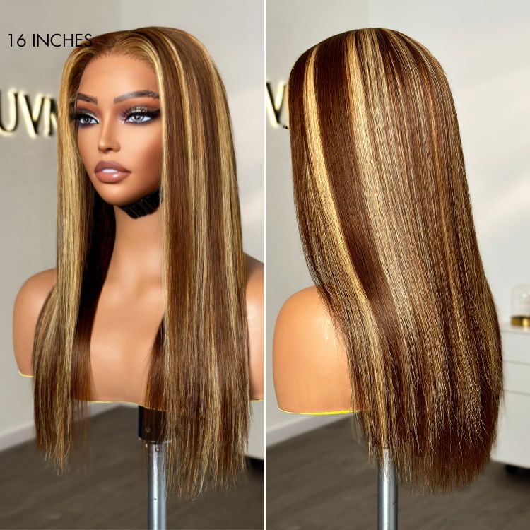 Honey Blonde Highlight Silky Straight Glueless 5x5 Closure HD Lace Long Wig