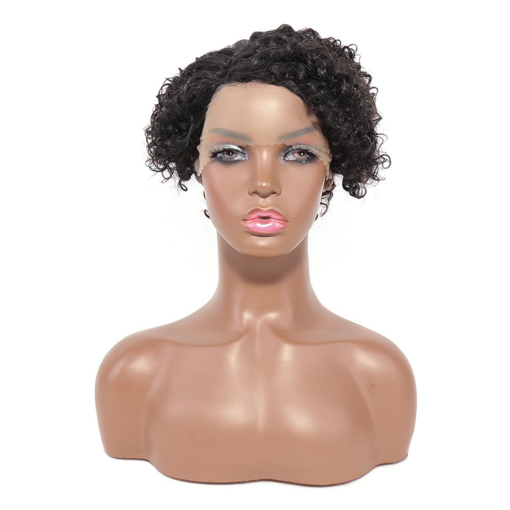 100% Human Hair Pixie Curly Side Part 13x4x1 T-Part Lace Wig 150% Density Natural Black Color Jerry Curly Pre Plucked with Baby Hair Glueless