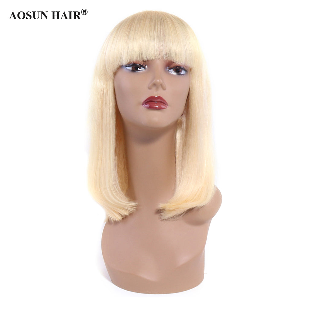 613 Bob Wig with Bangs Glueless 150% Density Brazilian Human Hair None Lace Machine Made Blonde Straight Wigs