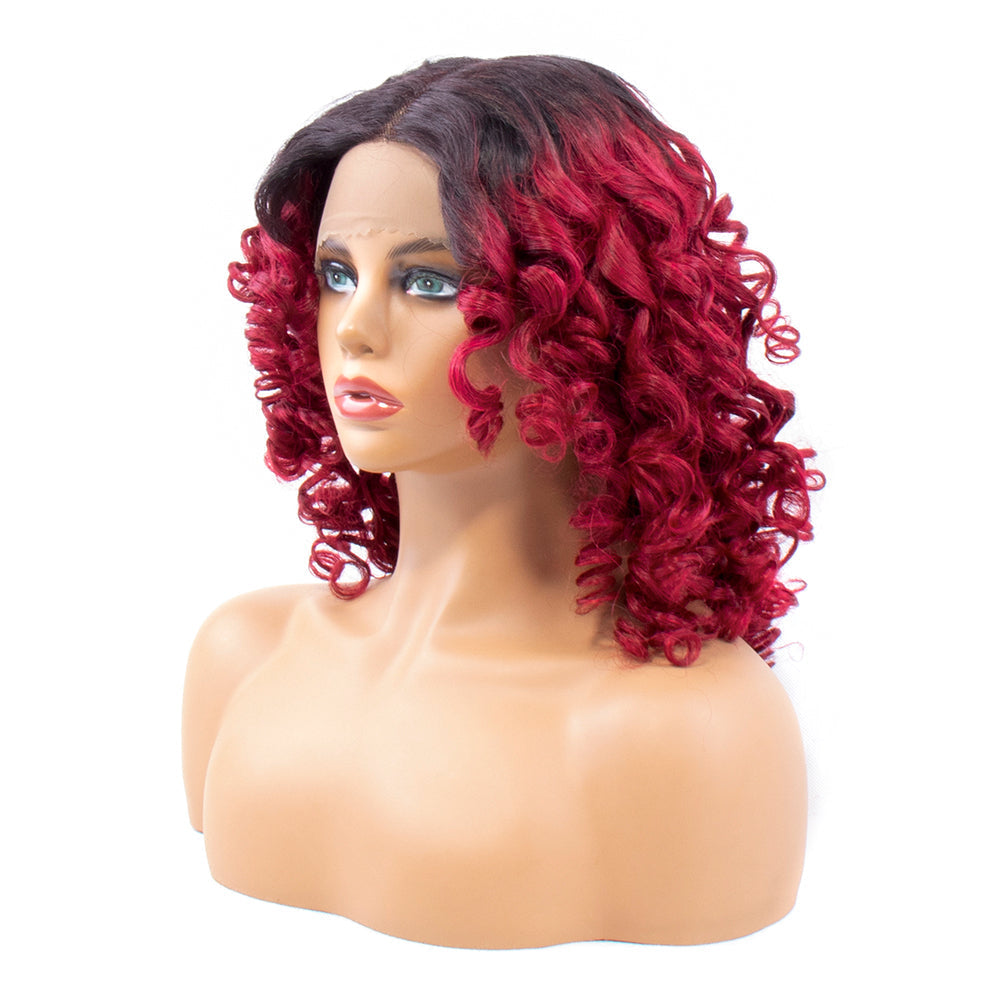 13x5x1 T-Part Lace Wig Romance Bouncy Curly Wig 1B/99J Color Human Hair Wig With 200% Density