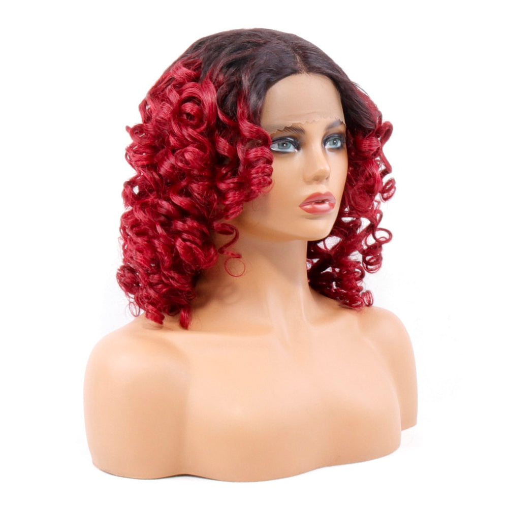 13x5x1 T-Part Lace Wig Romance Bouncy Curly Wig 1B/99J Color Human Hair Wig With 200% Density