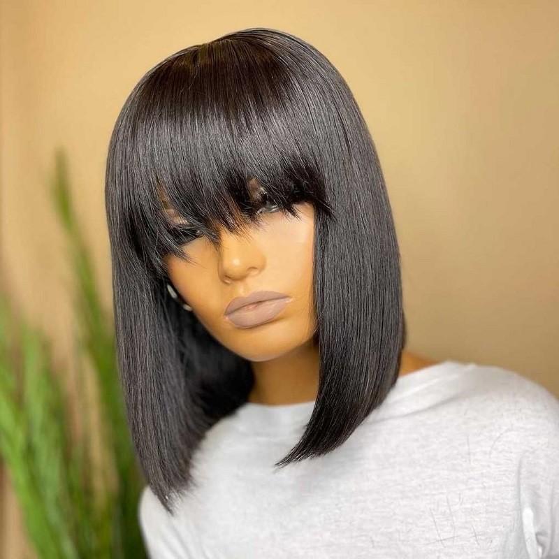 Silky Straight Human Hair 13x4 Transparent Full Frontal Lace Bob Wig With Bangs