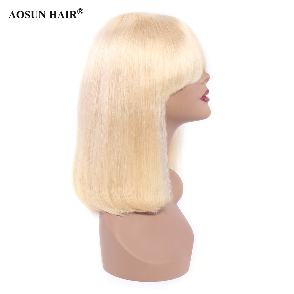 613 Bob Wig with Bangs Glueless 150% Density Brazilian Human Hair None Lace Machine Made Blonde Straight Wigs