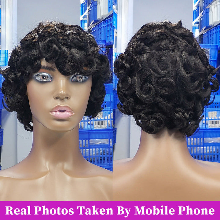 New Arrival Bouncy Curly Human Hair Machine Made Wig With Bangs