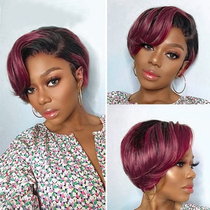 1b#99J Color Ombre Burgundy Human Hair Pixie Cut Lace Front Wig