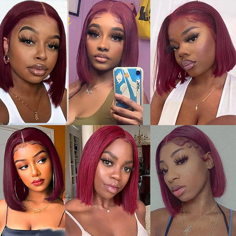 Burgundy Color Straight  Human Hair Wig Pre-Plucked Hairline 99J 4x4 Lace Closure Bob Wig