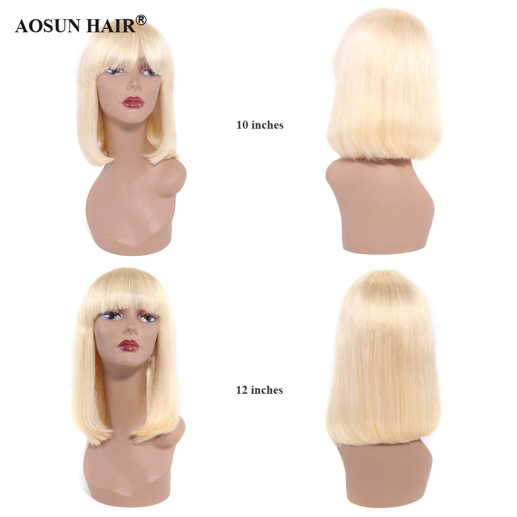 613 Bob Wig with Bangs Glueless 150% Density Brazilian Human Hair None Lace Machine Made Blonde Straight Wigs