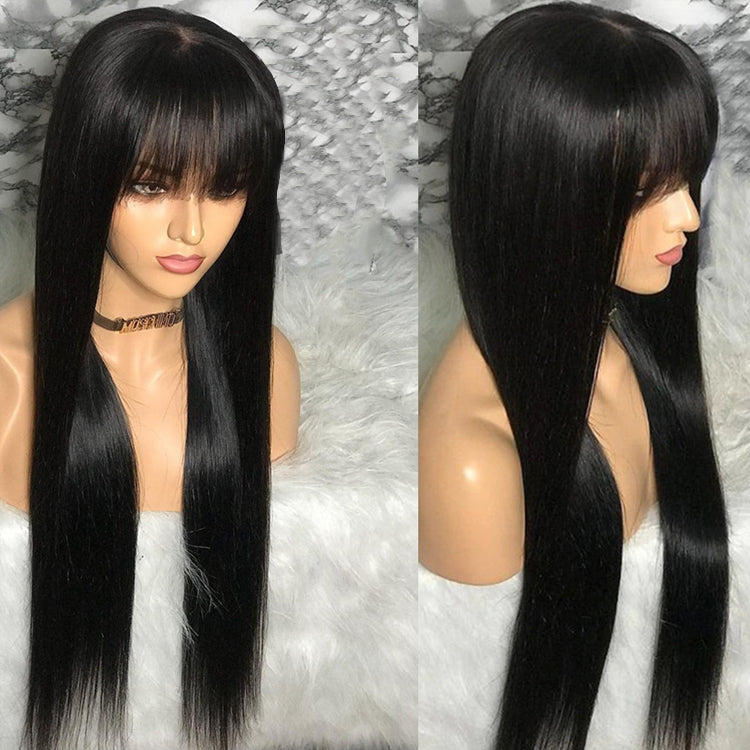 Natural Black Silky Straight Human Hair Wig Machine Made Wig With Bangs