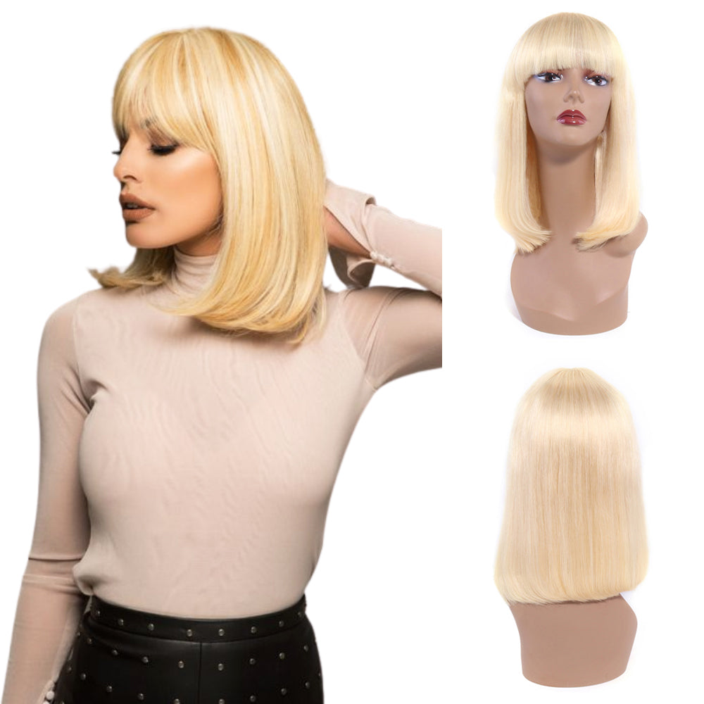 613 Bob Wig with Bangs Glueless 150% Density Brazilian Human Hair None Lace Machine Made Blonde Straight Wigs