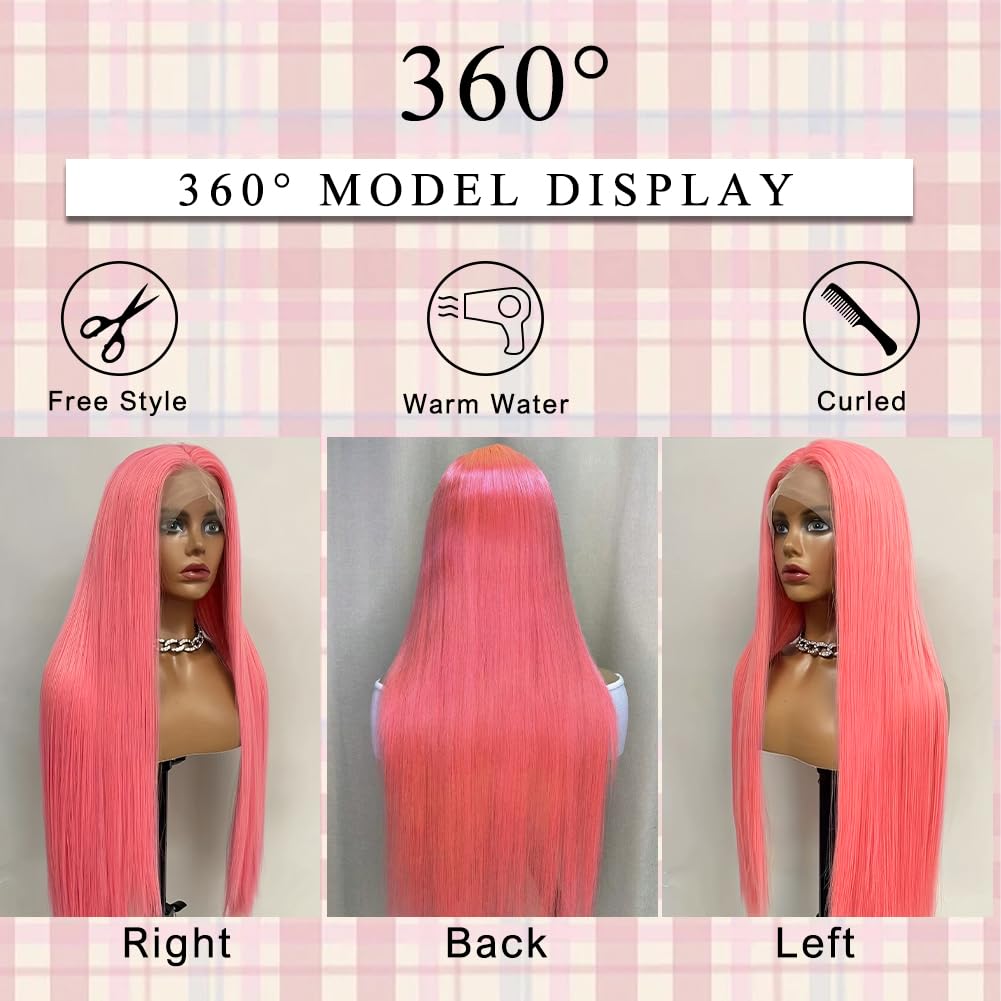 MUGOHK Pink Lace Front Wig  DOLLEDBYSARAH  20 Inch 13x4 Cotton Candy Pink Straight HD Lace Frontal Wig DOLLEDBYSARAH  Pre Plucked with Baby Hair Bubblegum Pink Lace...