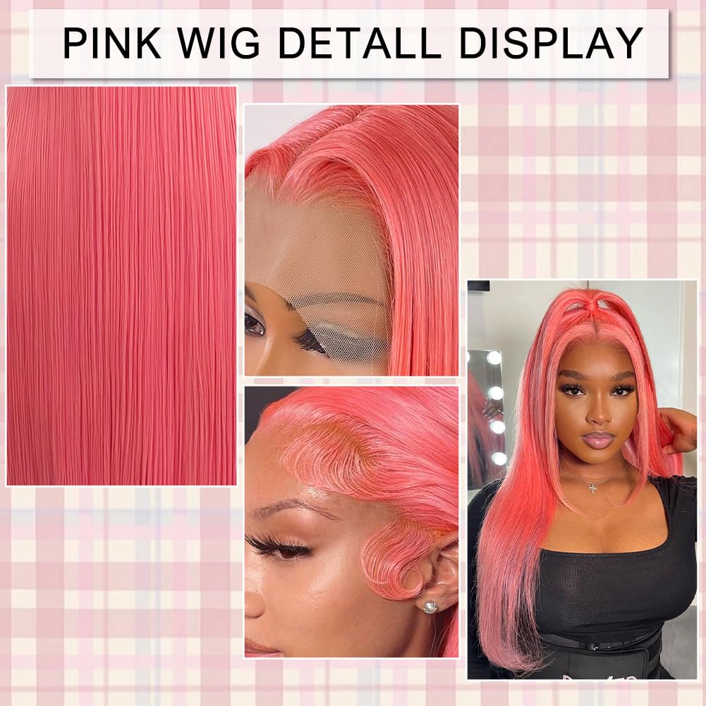 MUGOHK Pink Lace Front Wig  DOLLEDBYSARAH  20 Inch 13x4 Cotton Candy Pink Straight HD Lace Frontal Wig DOLLEDBYSARAH  Pre Plucked with Baby Hair Bubblegum Pink Lace...