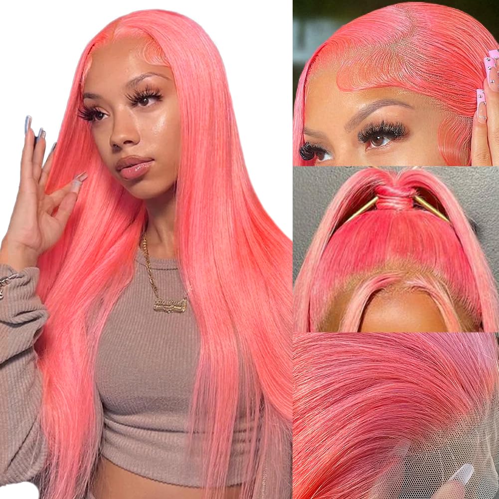 MUGOHK Pink Lace Front Wig  DOLLEDBYSARAH  20 Inch 13x4 Cotton Candy Pink Straight HD Lace Frontal Wig DOLLEDBYSARAH  Pre Plucked with Baby Hair Bubblegum Pink Lace...