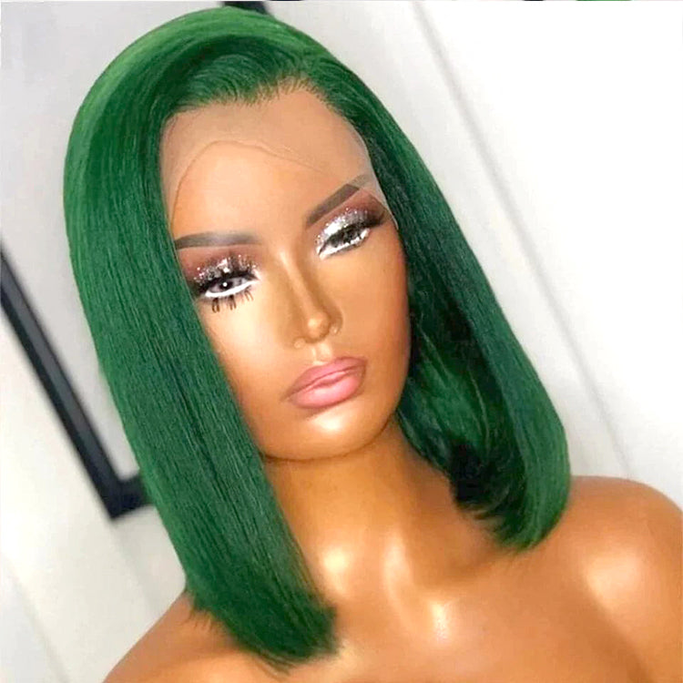 Green Color Silky Straight Human Hair Bob Wig 13x4 Lace Front Bob Wig