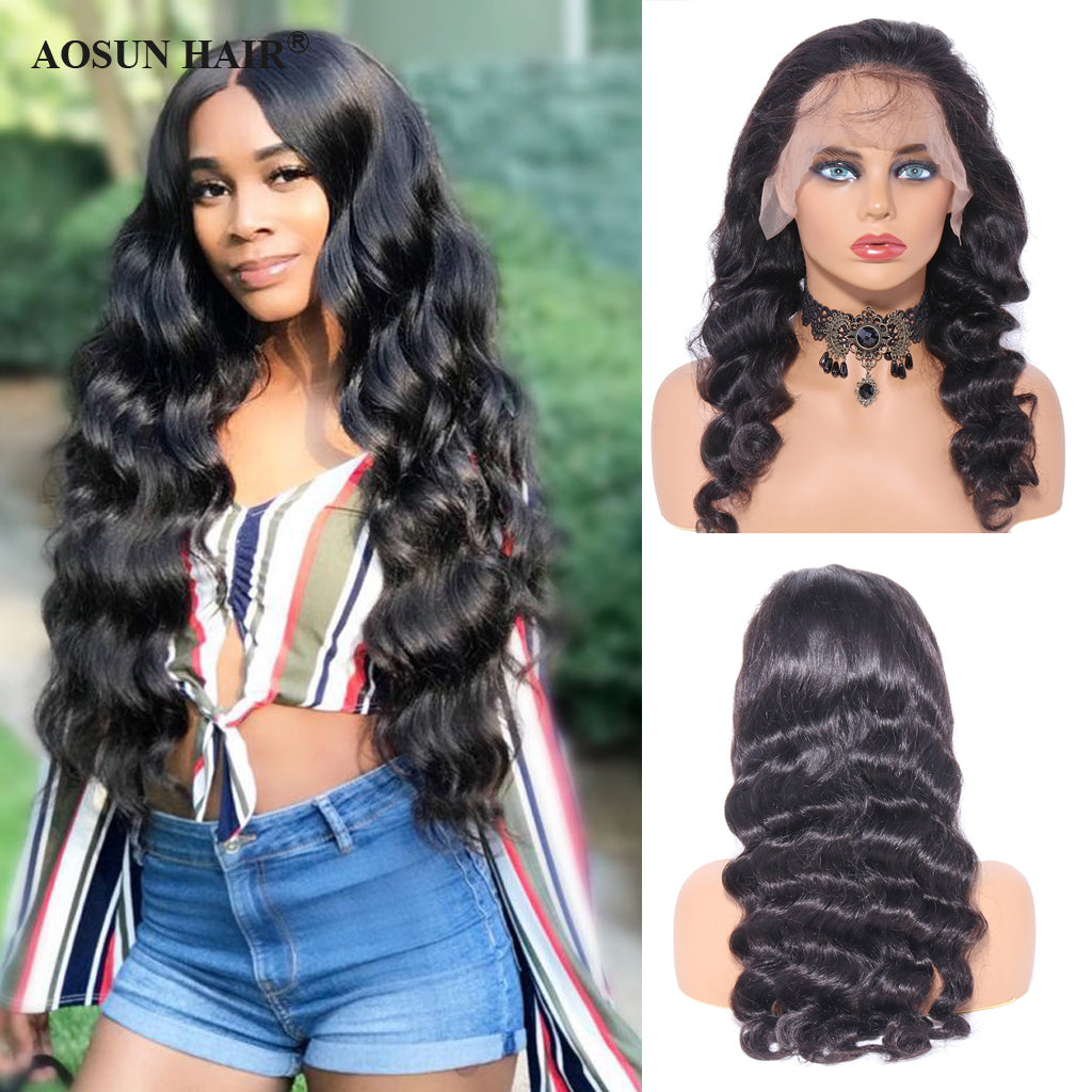 Aosun 13x4 Lace Frontal Wig Loose Wave Brazilian Human Hair Pre-Plucked Natural Hairline Front Lace Wigs