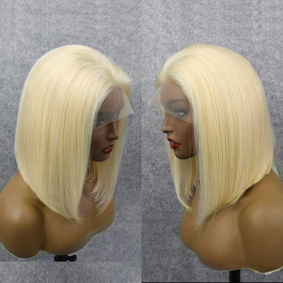 Straight Short Bob Wig 4x4 Lace Lace Closure Human Hair Wig #613 Blonde Color