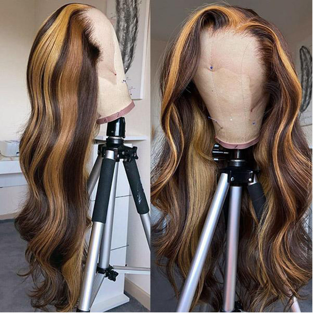 Aosun Honey Blonde Highlight P4/27 Color Body Wave 13x4 Front Lace Human Hair Wigs 150% Density