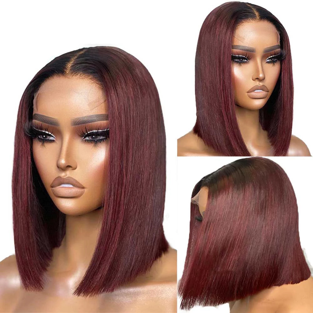 Ombre Burgundy straight human hair bob wig 99J color 4x4 lace closure wig