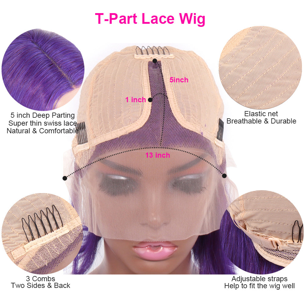 Aosun Short Purple Bob Wig Silky Straight 13x1x4 Swiss Lace Front T Part Virgin Human Hair Wigs Pre Plucked for Women 150% Density