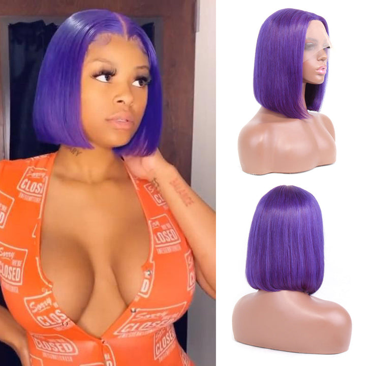 Aosun Short Purple Bob Wig Silky Straight 13x1x4 Swiss Lace Front T Part Virgin Human Hair Wigs Pre Plucked for Women 150% Density